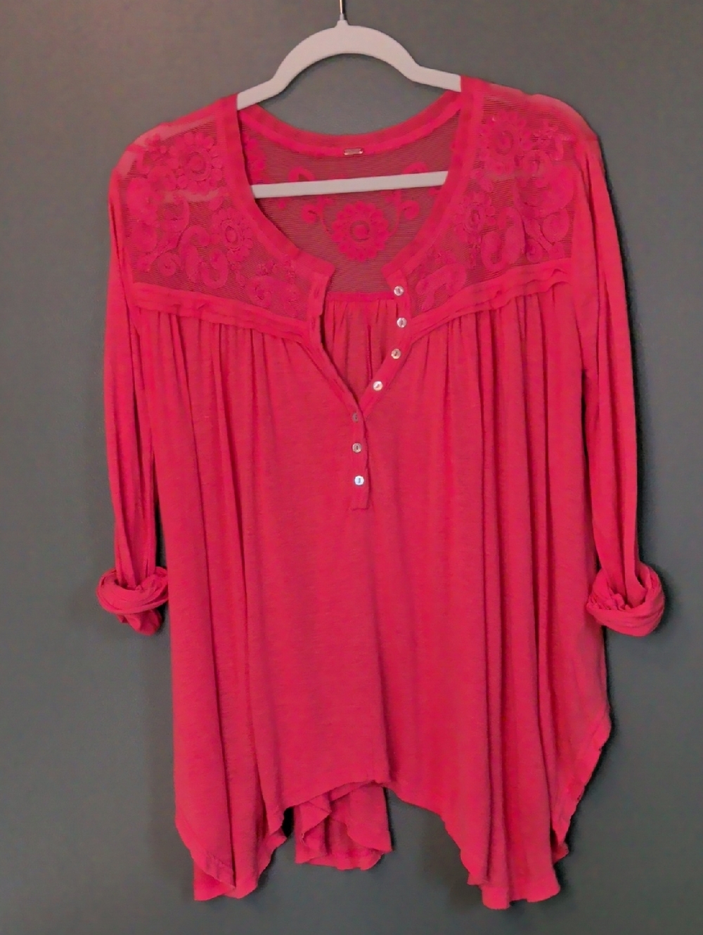 FREE PEOPLE To The Sea Embroidered Henley / Hot Coral